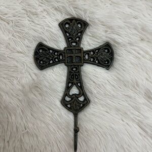 Cast Iron Decorative Wall Cross with Hook - Antique Bronze Tone